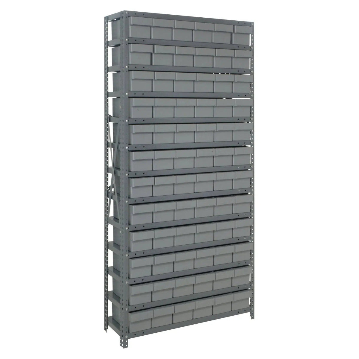 2475 - 603 | 24" x 36" x 75" Shelving Unit with 72 Bins - Steel Shelving with Bins > 24" Deep Steel Shelving Units with Bins > Open Front Plastic Bins - Industrial 4 Less