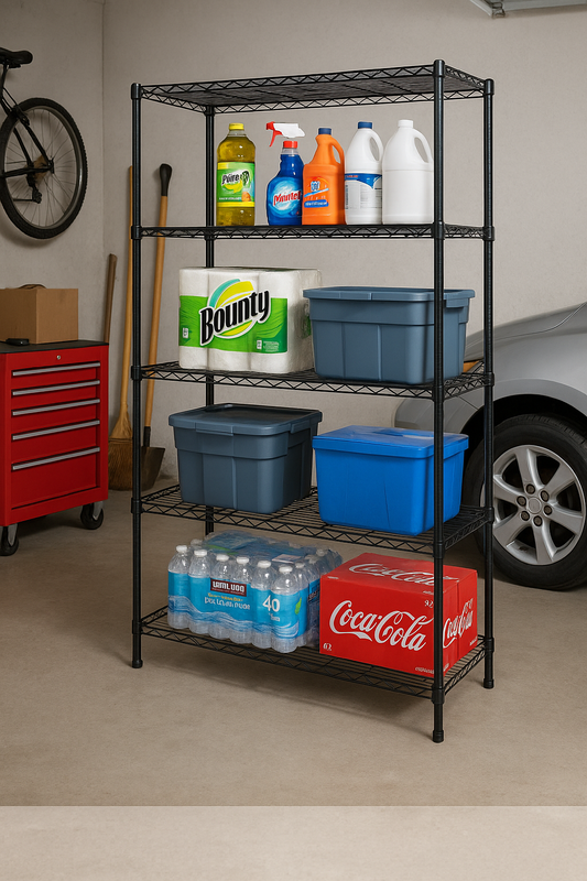 Wire shelving holding cookware in a commercial kitchen 3