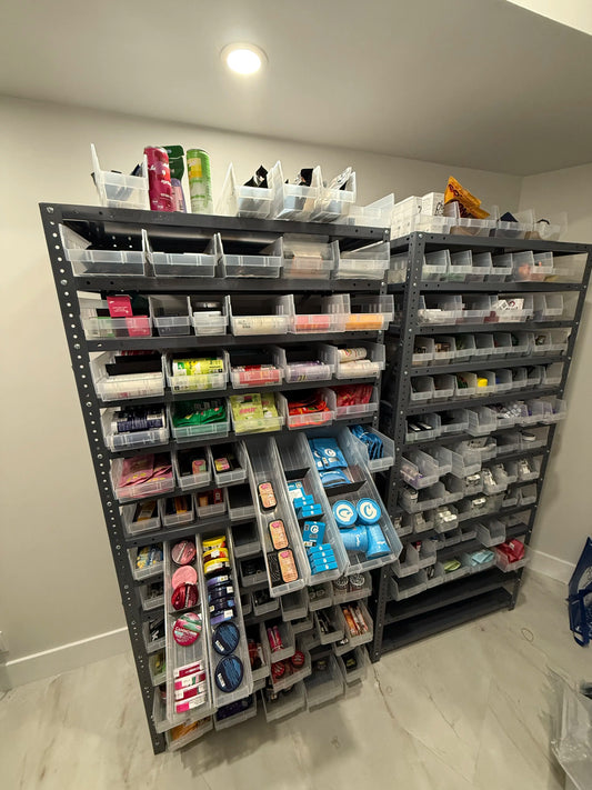 dispensary shelving with bins 1