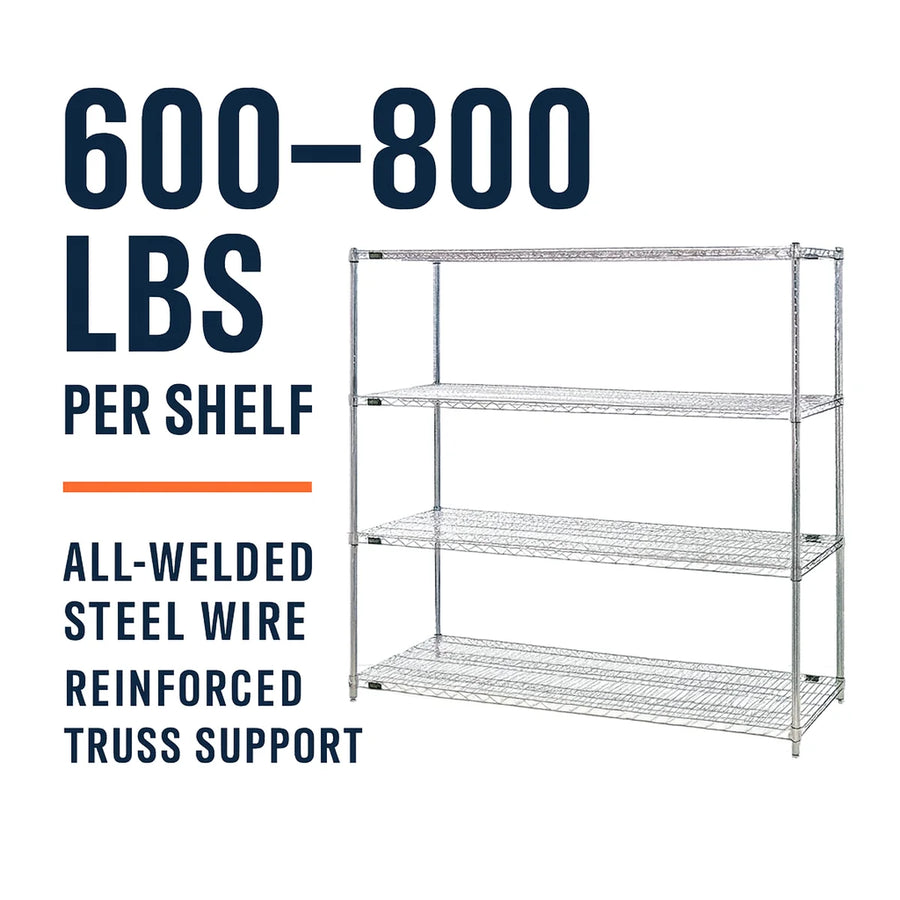 Chrome wire shelving unit with four shelves rated 600 to 800 pounds per shelf, all-welded steel wire with reinforced truss support
