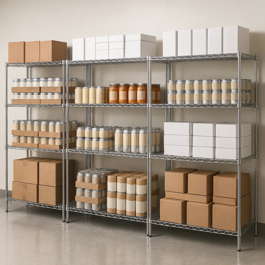Three chrome wire shelving units stocked with boxed and canned dry goods in a bright grocery stockroom