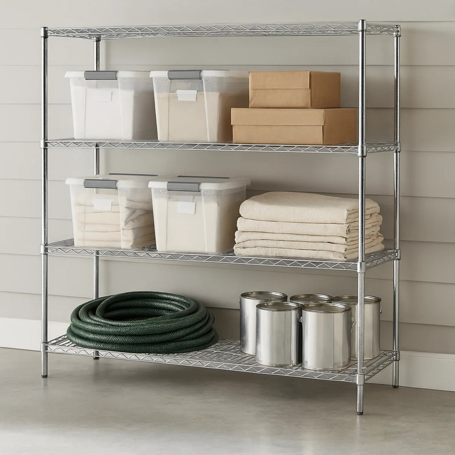 Chrome wire shelving unit organizing storage bins, boxes, drop cloths, and paint cans in a clean garage