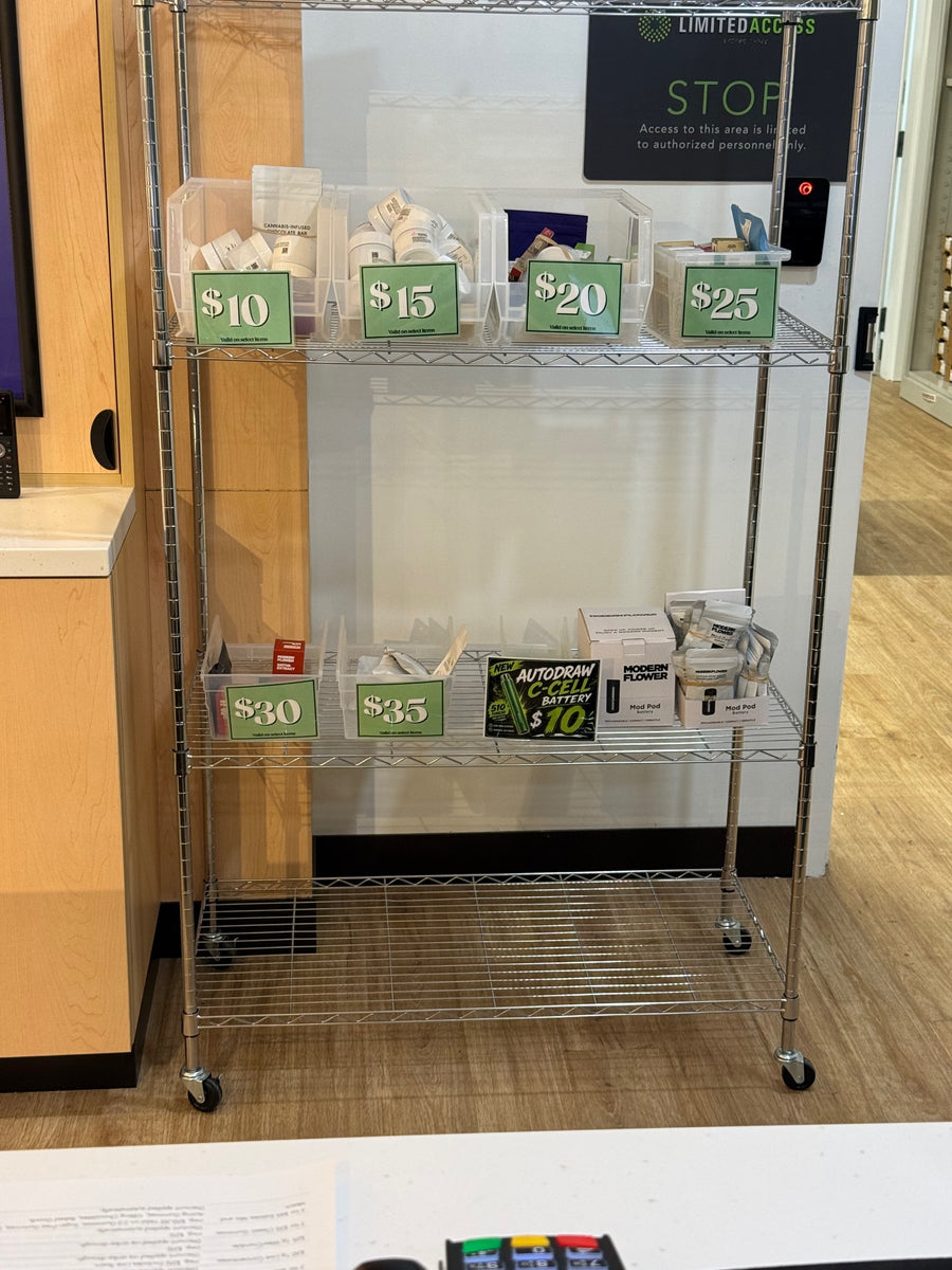 A closer view of clear bins on a rolling wire rack.