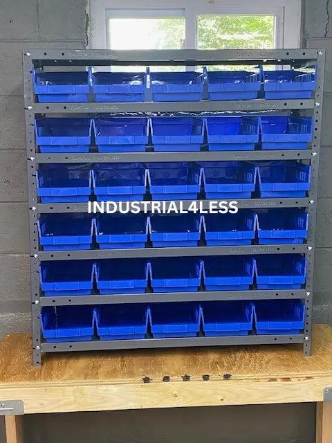Blue Plastic Shelf Bins on Shelf Bin Organizer in Garage