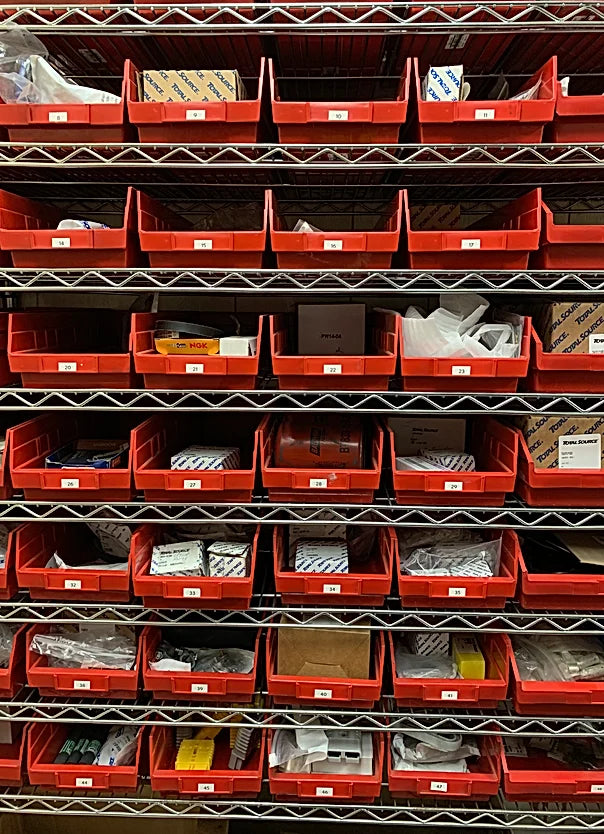 Red Shelf Bins for Storage on Chrome Wire Shelving for Inventory