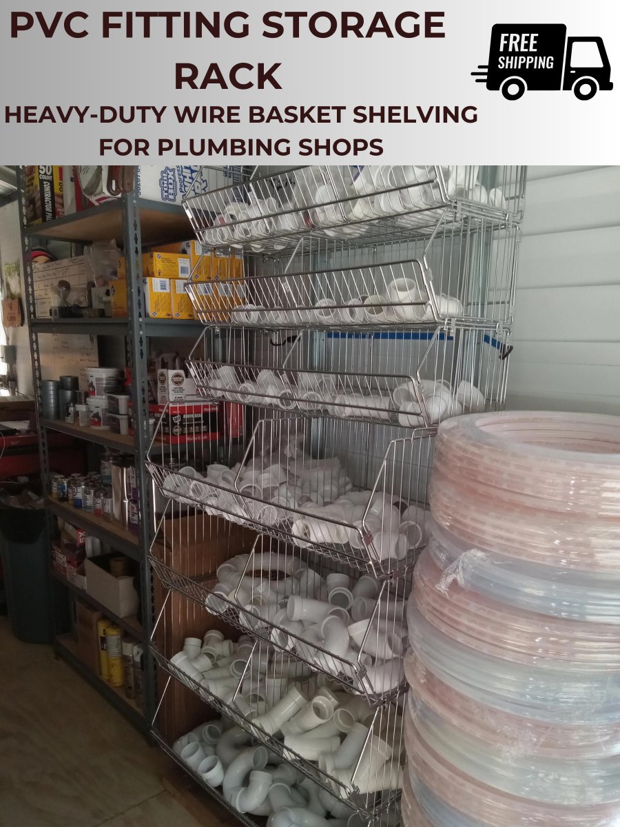 PVC Fitting Storage Rack - Heavy-Duty Wire Basket Shelving for Plumbin