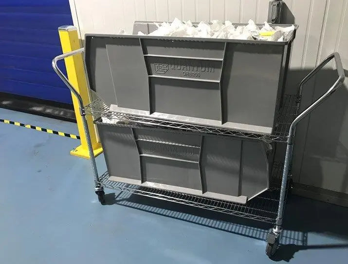 Extra Large Stacking Bins on Wire Utility Cart in Warehouse