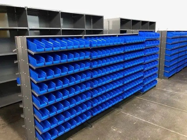 Blue Shelf Bins on Gravity Shelf Bin Organizers (Slanted)