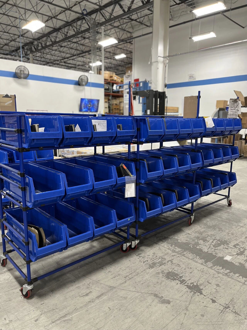 Extra Long Stacking Bins on Mobile Warehouse Racks