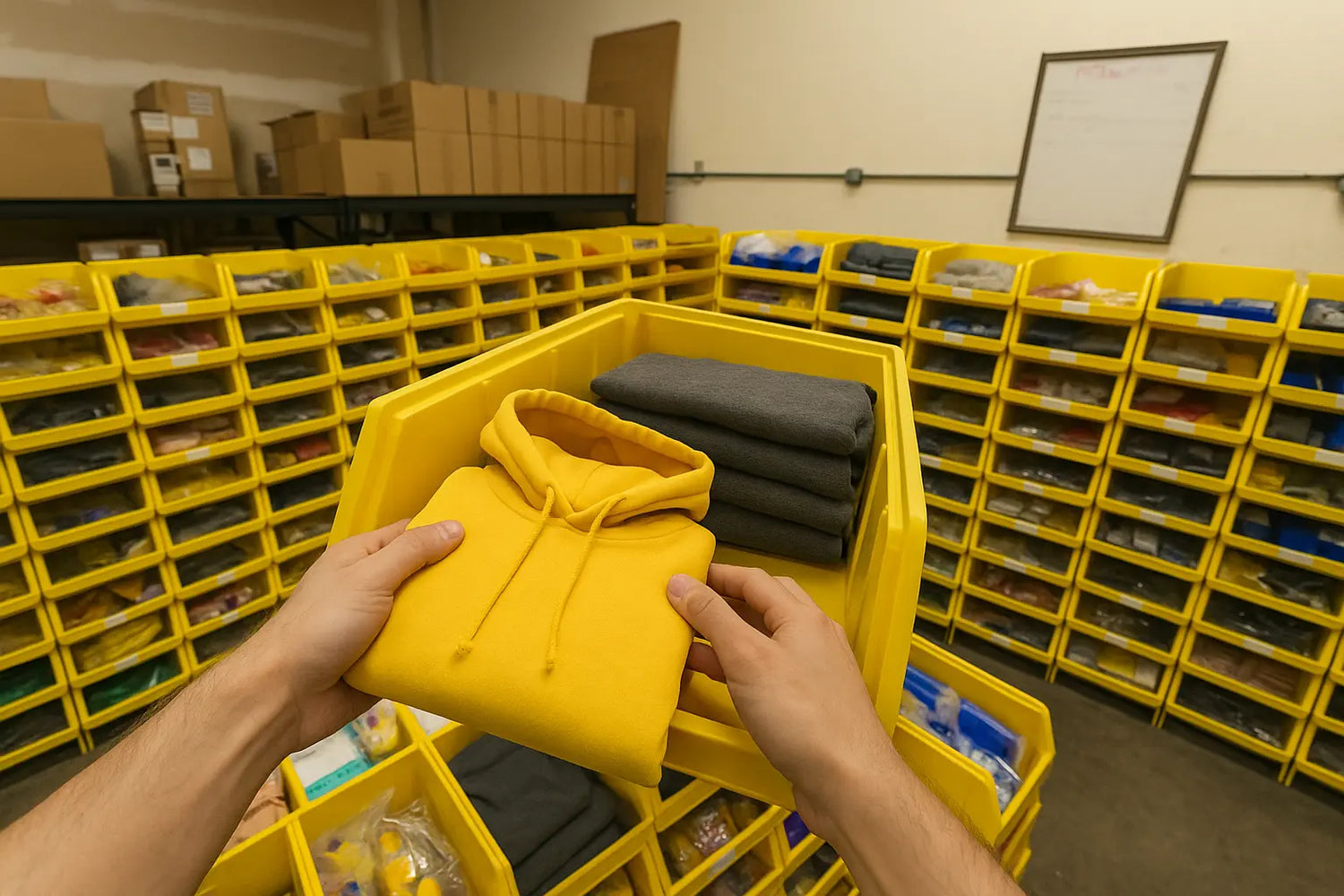 Stackable Storage Bins in Warehouse
