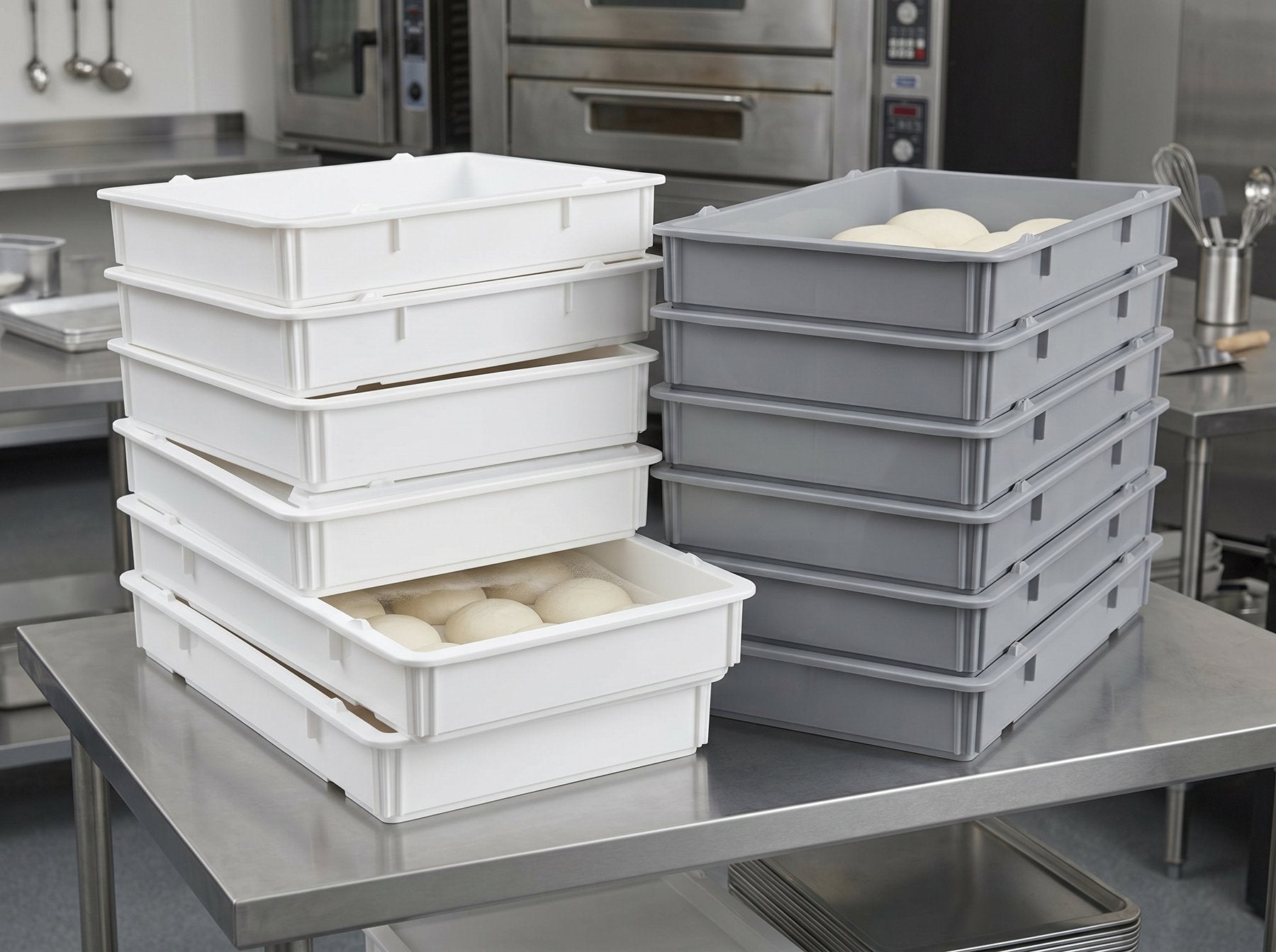 White and gray pizza dough boxes stacked for color-coded rotation