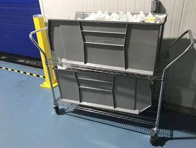 Stackable Storage Bins on Wire Cart for Warehouse Transport