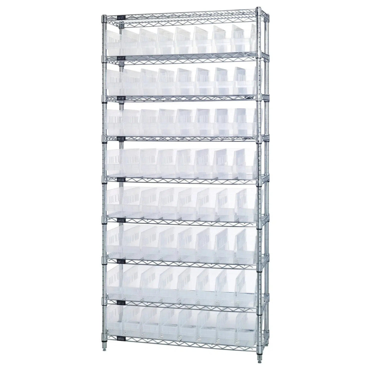 WR9 - 201 | 12" x 36" x 74" Shelving Unit with 64 Bins - Wire Shelving with Bins > 12" - 14" Deep Wire Shelving Units with Bins > Open Front Plastic Bins - Industrial 4 Less