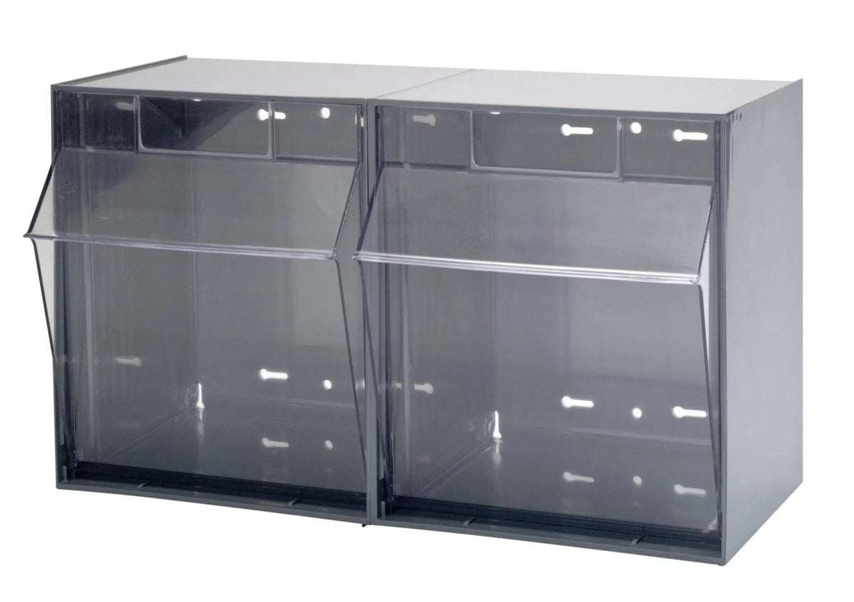Quantum Tip Out Bins QTB302 - Clear Tilt Out Storage Bins with 2 Compartments - 11-3/4" x 23-5/8"x 13-7/8" - QTB302-GY - Industrial 4 Less