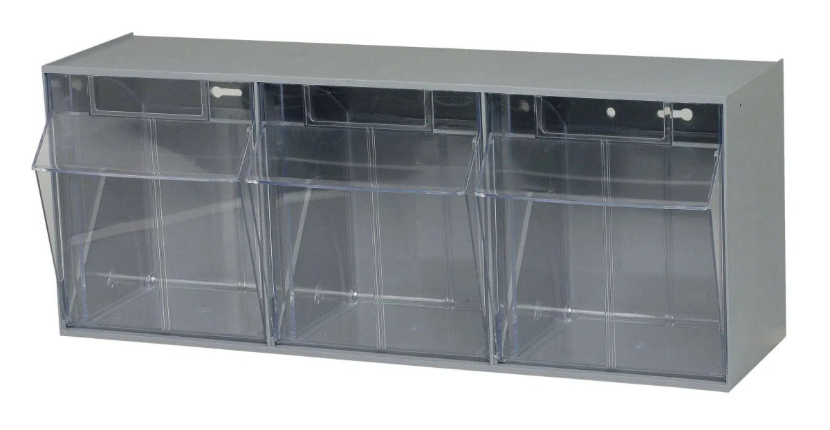 Quantum Tip Out Bins QTB303 - Clear Tilt Out Storage Bins with 3 Compartments - 7-3/4" x 23-5/8"x 9-1/2" - QTB303-GY - Industrial 4 Less