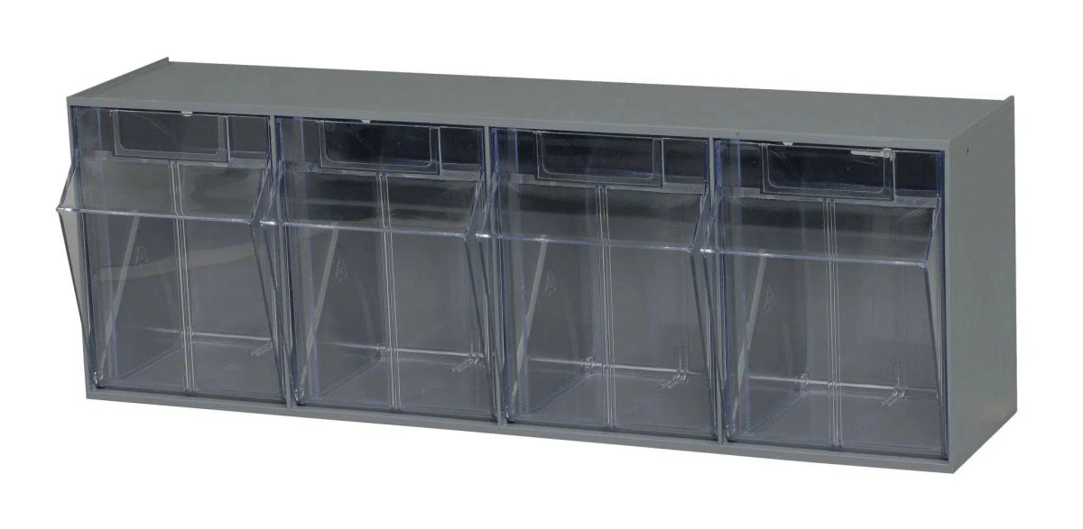 Quantum Tip Out Bins QTB304 - Clear Tilt Out Storage Bins with 4 Compartments - 6-5/8" x 23-5/8"x 8-1/8" - QTB304-GY - Industrial 4 Less