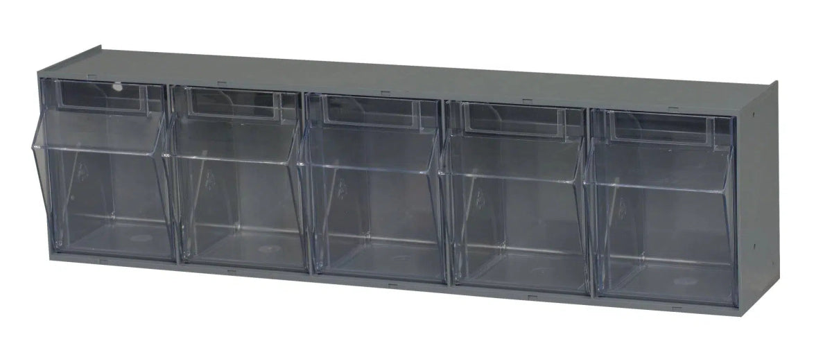 Quantum Tip Out Bins QTB305 - Clear Tilt Out Storage Bins with 5 Compartments - 5-1/4" x 23-5/8"x 6-1/2" - QTB305-GY - Industrial 4 Less