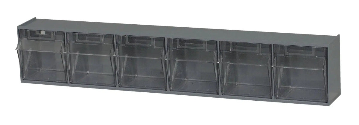 Quantum Tip Out Bins QTB306 - Clear Tilt Out Storage Bins with 6 Compartments - 3-5/8" x 23-5/8"x 4-1/2" - QTB306-GY - Industrial 4 Less