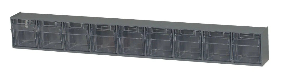 Quantum Tip Out Bins QTB309 - Clear Tilt Out Storage Bins with 9 Compartments - 2-1/2" x 23-5/8"x 3-1/8" - QTB309-GY - Industrial 4 Less